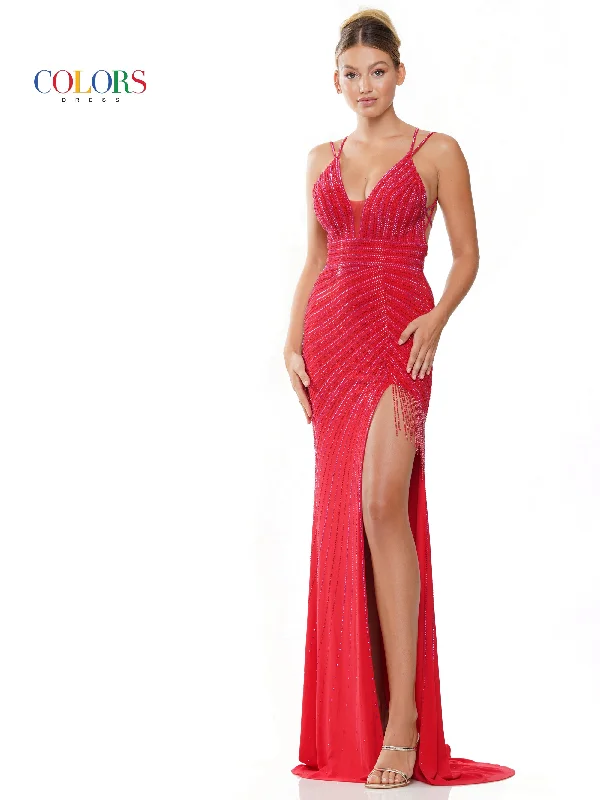 women's flowy dressesColors 3092 Long Spaghetti Strap  Formal Beaded Prom Dress