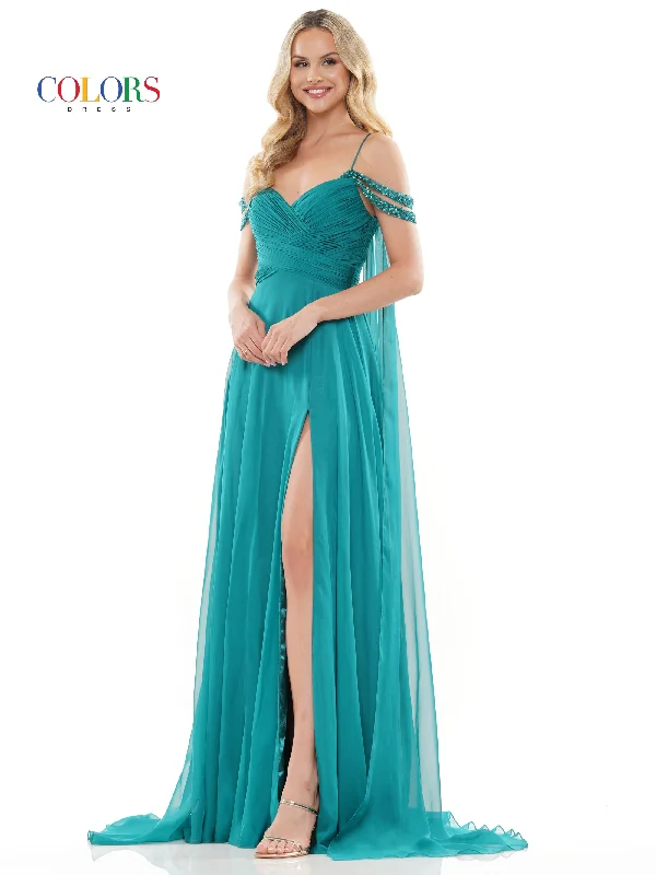 women's club dressesColors 3101 Long Off Shoulder A Line Chiffon Prom Dress