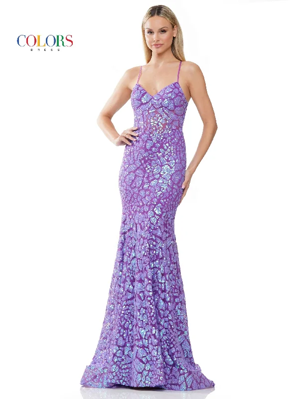 women's wrinkle-resistant dressesColors 3113 Long Fitted Spaghetti Strap Sequin Prom Dress