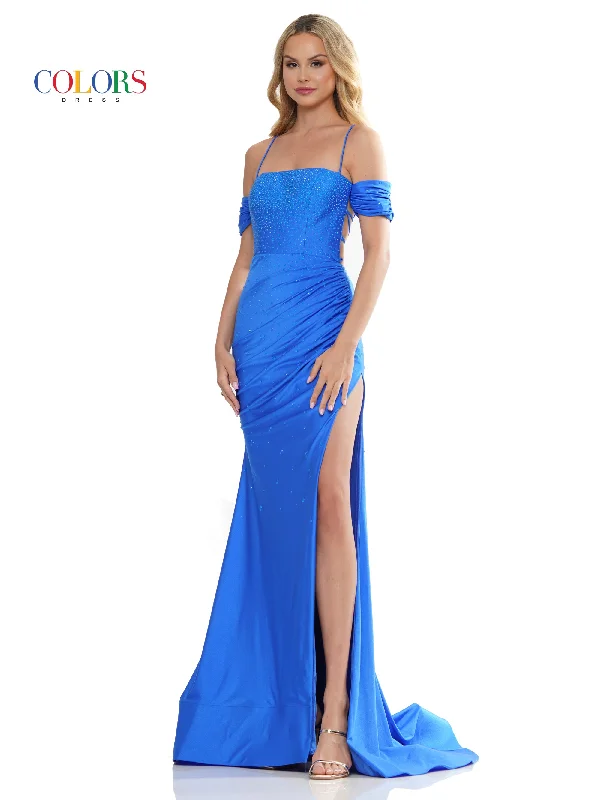 women's flutter-sleeved dressesColors 3158 Long Off Shoulder Formal Fitted Satin Prom Dress