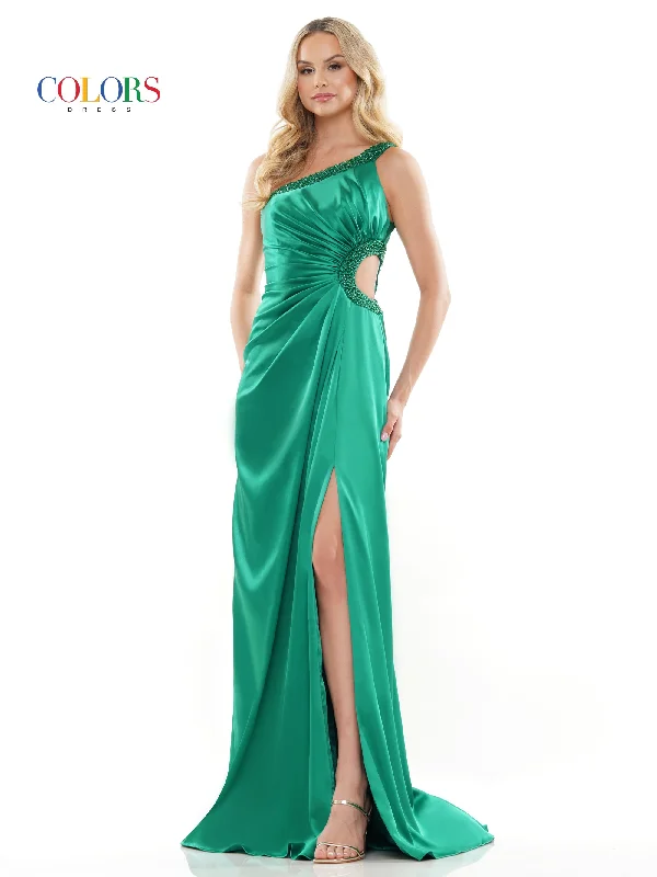 women's high-low dressesColors 3222 Long One Shoulder Fitted Satin Prom Dress