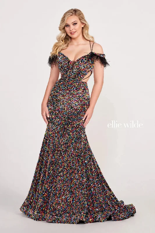 women's glam dressesEllie Wilde EW34017 Detachable Sleeve Long Formal Mermaid Prom Dress