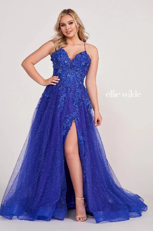 women's lace-up dressesEllie Wilde EW34042 Long Glitter Ball Gown Prom Dress