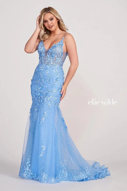 women's unique dressesEllie Wilde EW34067 Fitted Long Formal Applique Prom Dress