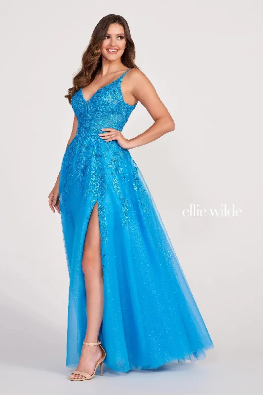 women's satin dressesEllie Wilde EW34089 Long Glitter Applique Prom Ball Gown