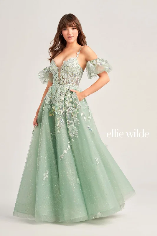 women's bridesmaid dressesEllie Wilde EW35205 Long Ball Gown Beaded Pocket Prom Dress