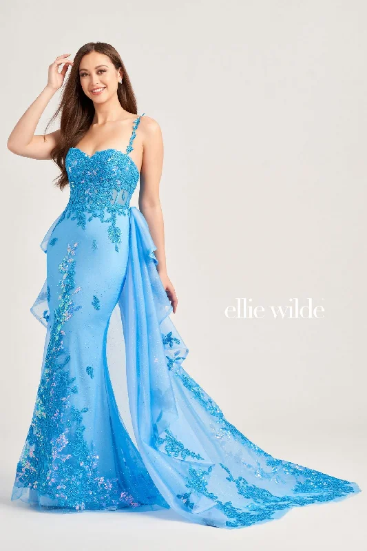 women's mother of the bride dressesEllie Wilde EW35207 Long Formal Glitter Overskirt Prom Gown