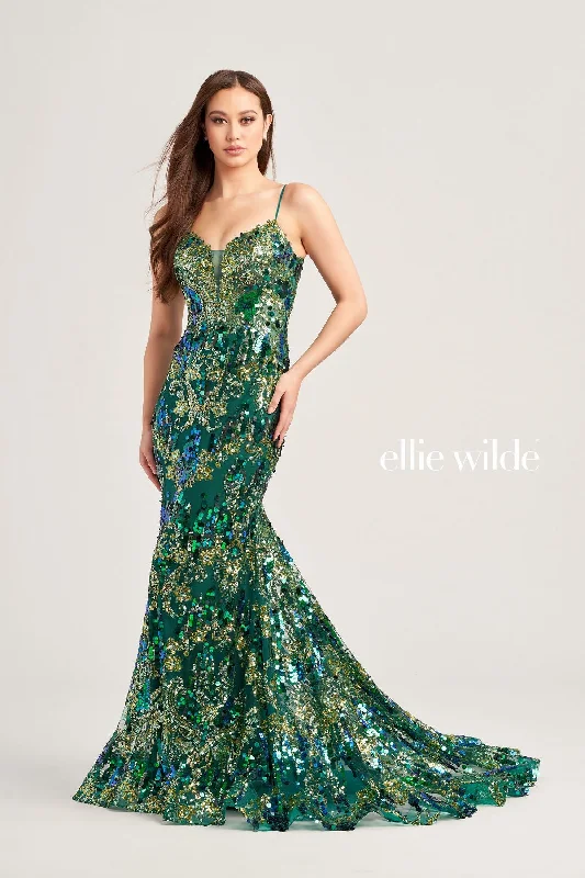 women's lace dressesEllie Wilde EW35228 Long Mermaid Glitter Formal Prom Gown