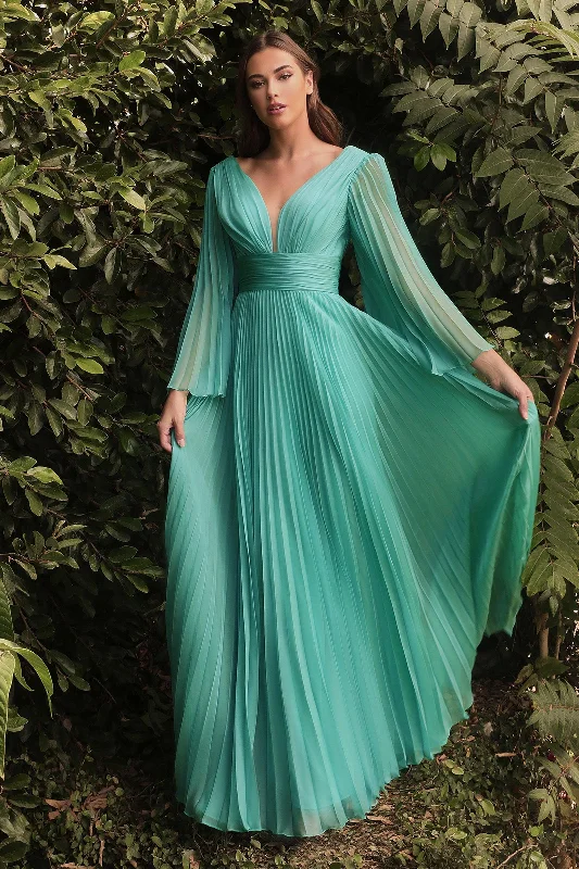 women's apple-shaped body dressesCinderella Divine CD242 Long Sleeve Pleated Formal Prom Dress Jade