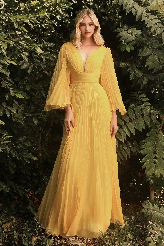 women's hourglass figure dressesCinderella Divine CD242 Long Sleeve Pleated Formal Prom Dress Yellow