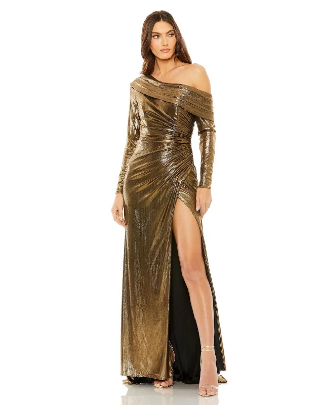 women's custom dressesMac Duggal 27175 Long One Shoulder Metallic Prom Dress