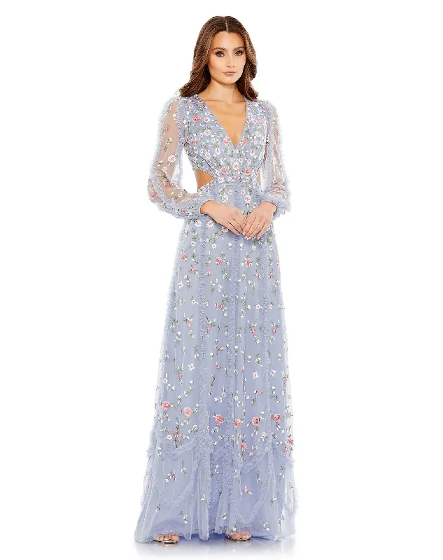 women's denim dressesMac Duggal 35107 Long Sleeve Floral Formal Prom Dress